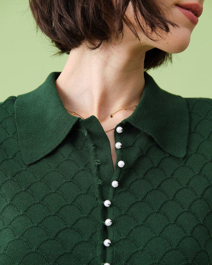 Yeşil Kısa Sleeve Dokulu Lapel Triko Tişört