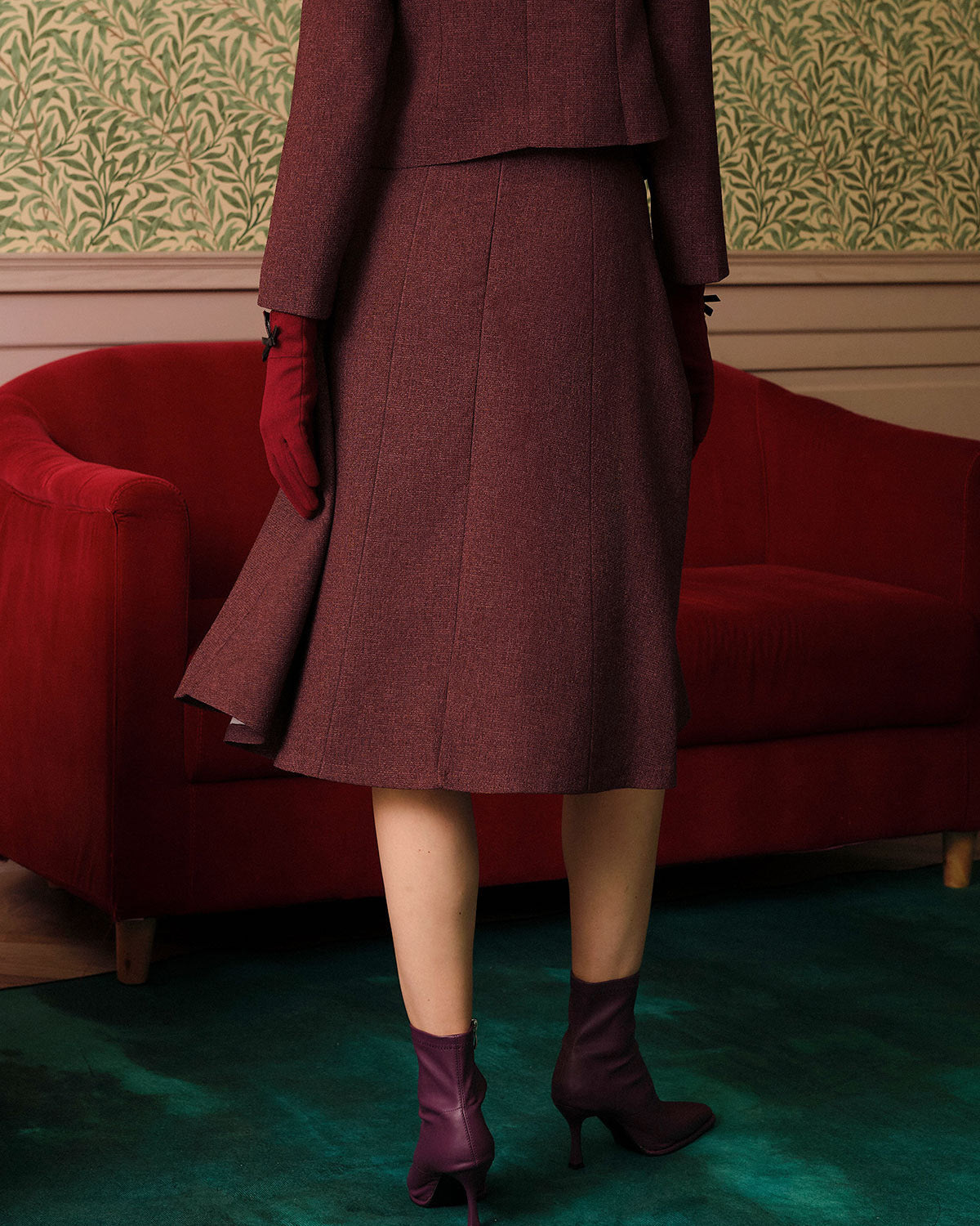 Bordo Yüksek Bel Tweed Etek
