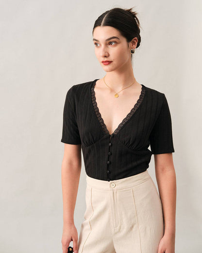 Ribbed Dantelli Trim Tişört