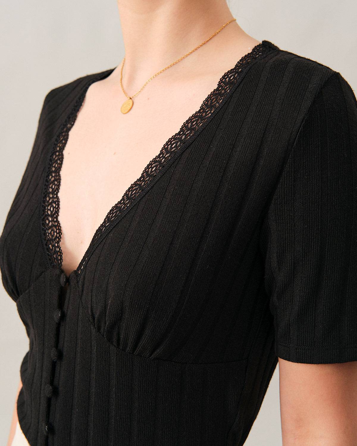 Ribbed Dantelli Trim Tişört