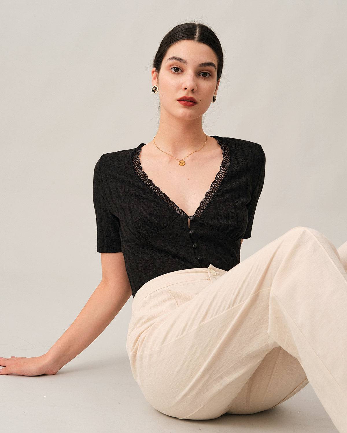 Ribbed Dantelli Trim Tişört