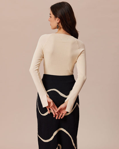 Bej Ribbed Dekolteli Bowknot Triko Üst