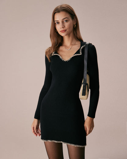 Siyah Contrast Stitch Kazak Mini Elbise