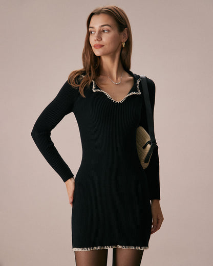 Siyah Contrast Stitch Kazak Mini Elbise