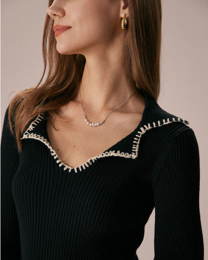 Siyah Contrast Stitch Kazak Mini Elbise