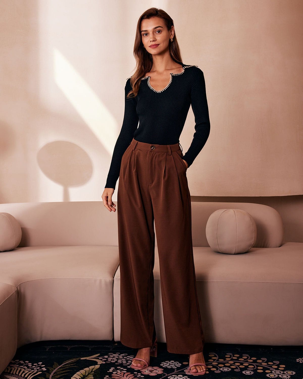 Siyah Lapel Seam Renk Bloklu Triko Üst