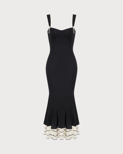 Siyah Kalp Yaka Vücuda Oturan Slip Maxi Elbise