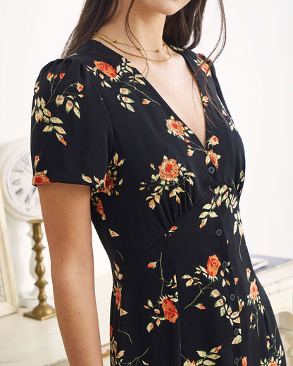 Siyah V Yaka Çiçek Desenli Kısa Sleeve Maxi Elbise
