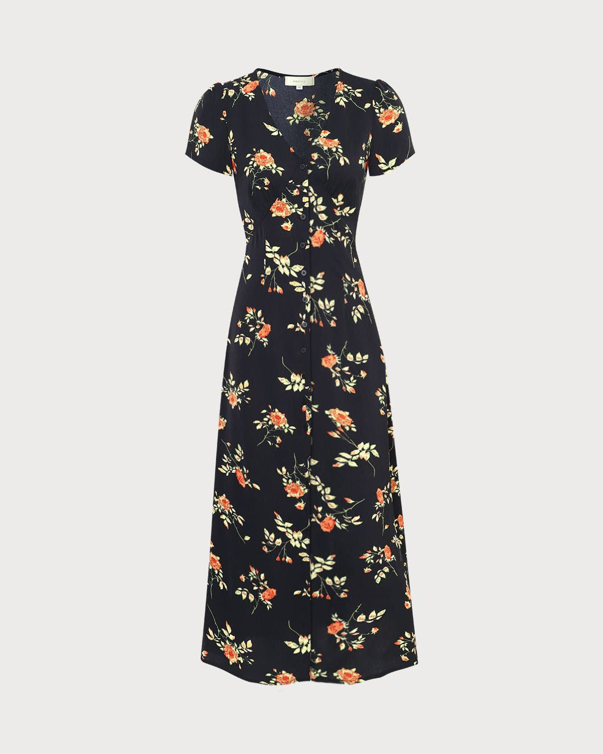 Siyah V Yaka Çiçek Desenli Kısa Sleeve Maxi Elbise