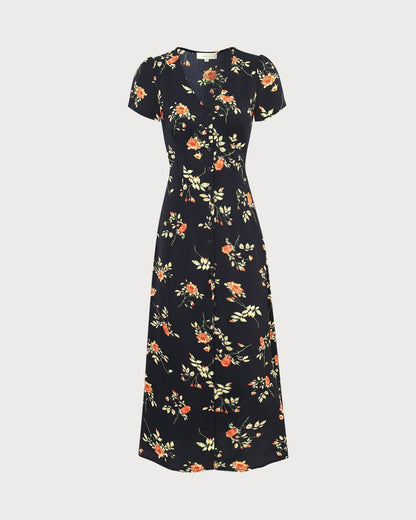 Siyah V Yaka Çiçek Desenli Kısa Sleeve Maxi Elbise