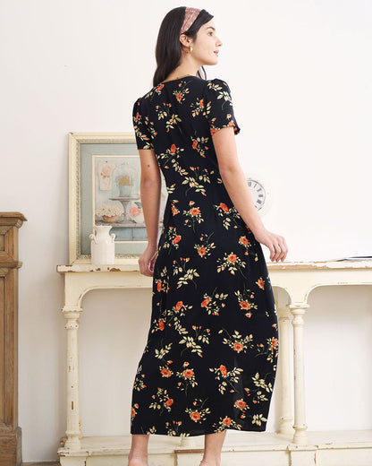 Siyah V Yaka Çiçek Desenli Kısa Sleeve Maxi Elbise
