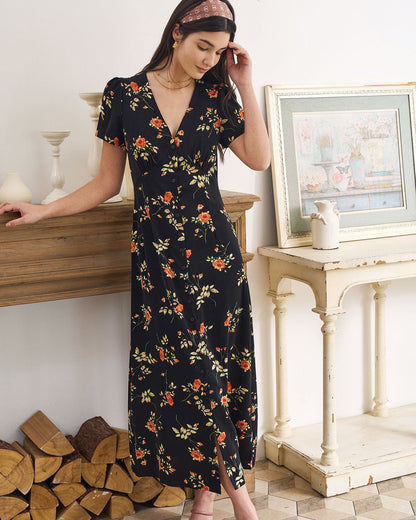 Siyah V Yaka Çiçek Desenli Kısa Sleeve Maxi Elbise