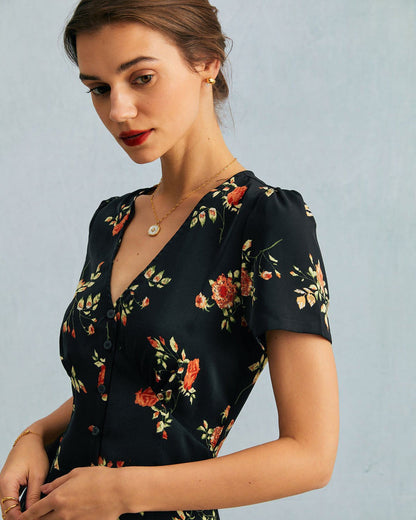 Siyah V Yaka Çiçek Desenli Kısa Sleeve Maxi Elbise