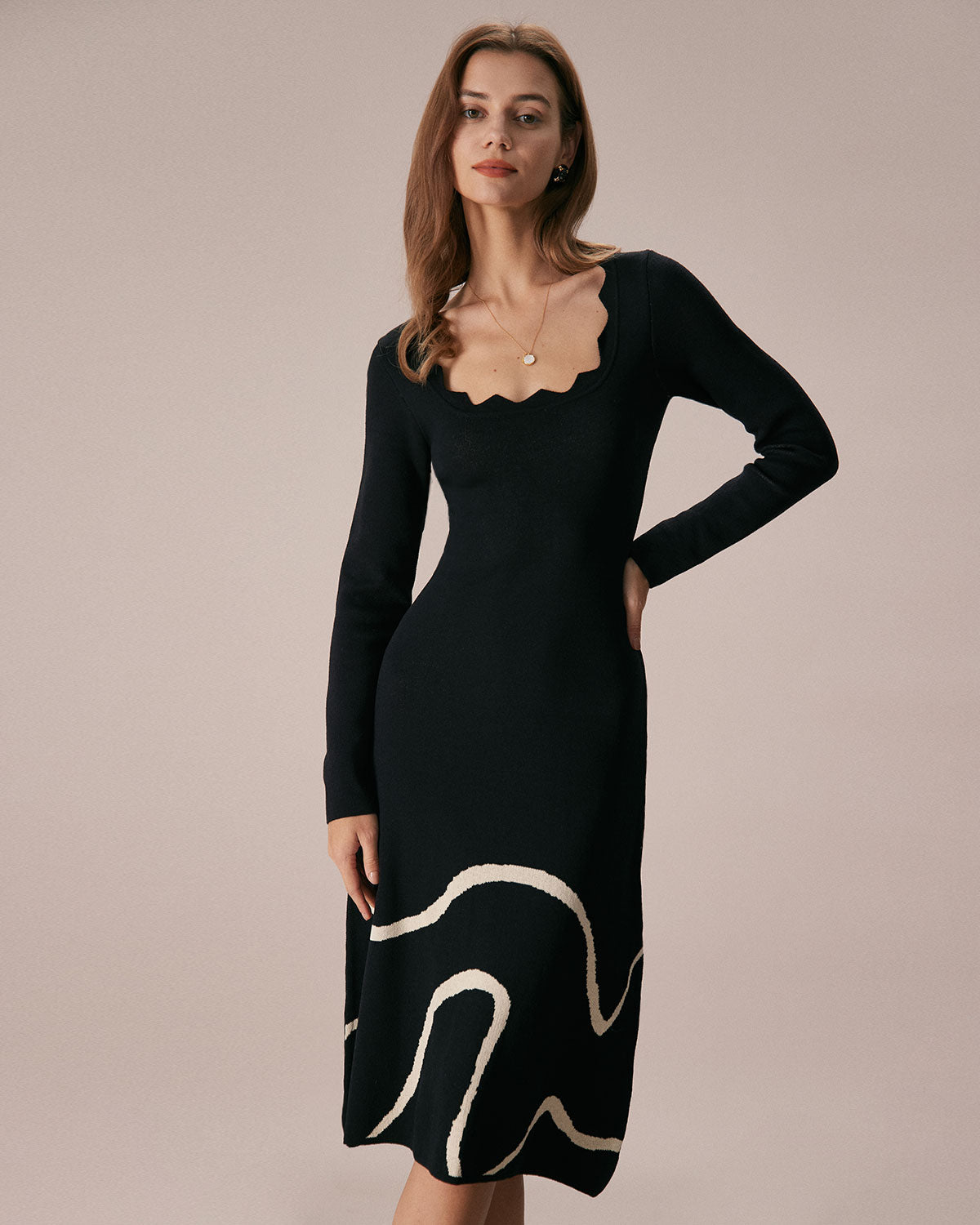 Siyah Wave Scalloped Kazak Midi Elbise