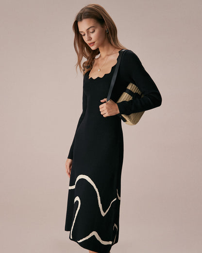 Siyah Wave Scalloped Kazak Midi Elbise