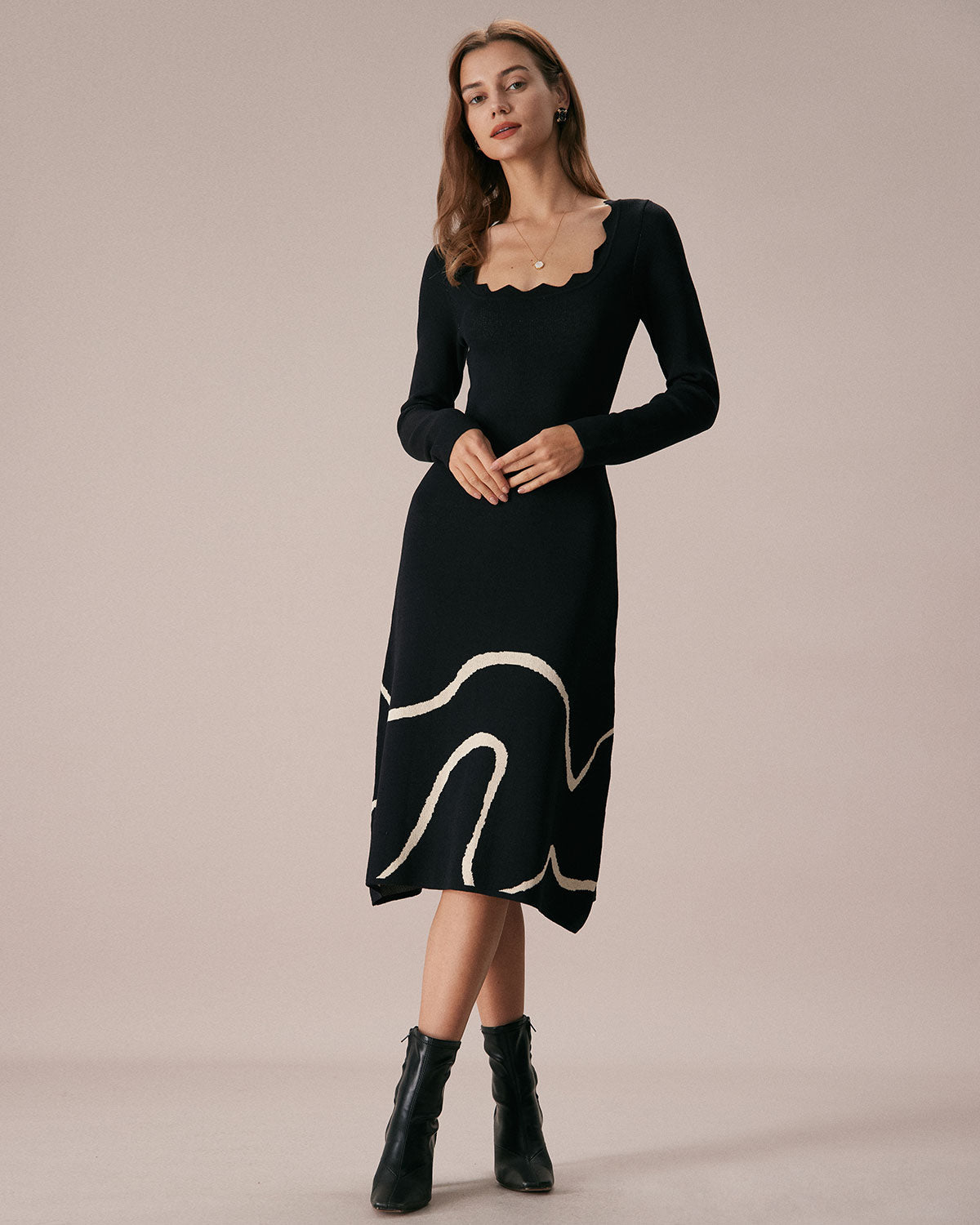 Siyah Wave Scalloped Kazak Midi Elbise
