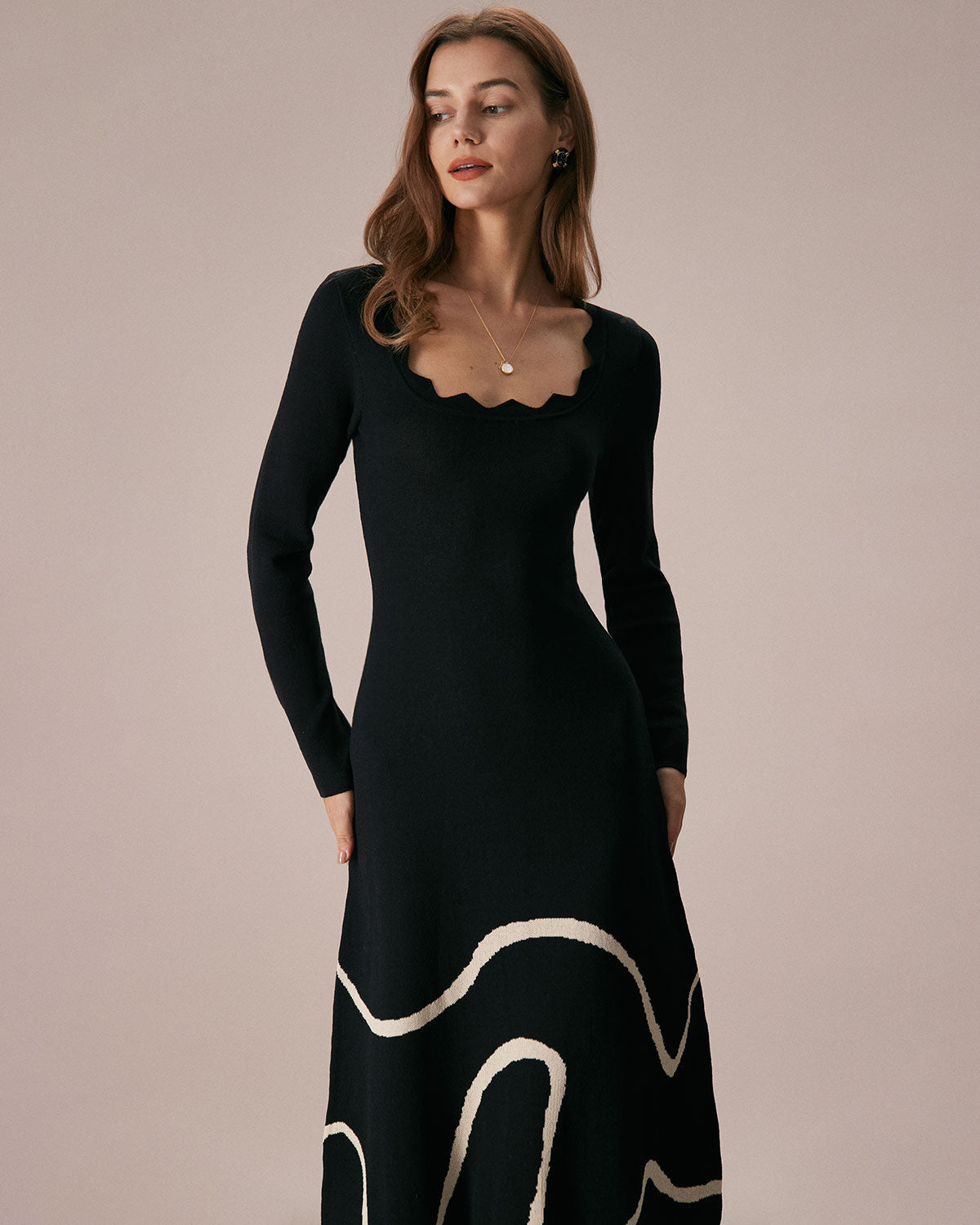 Siyah Wave Scalloped Kazak Midi Elbise