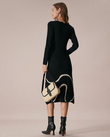 Siyah Wave Scalloped Kazak Midi Elbise
