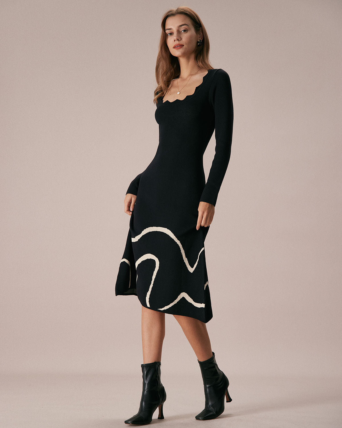 Siyah Wave Scalloped Kazak Midi Elbise
