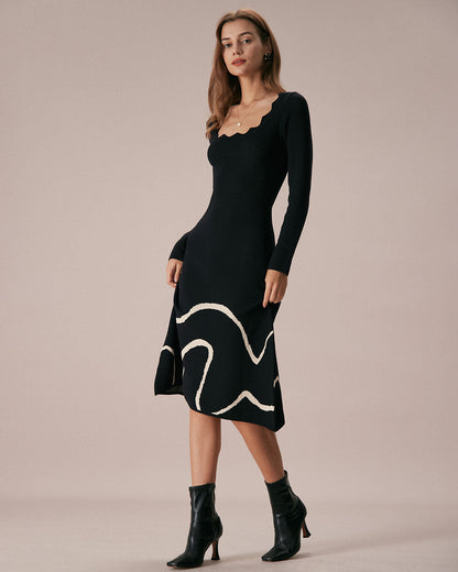 Siyah Wave Scalloped Kazak Midi Elbise
