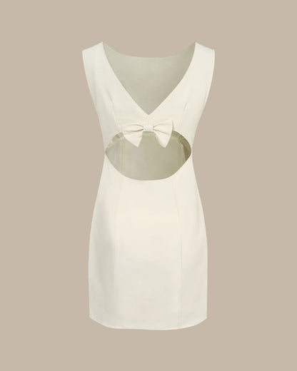 Bej Kayık Yaka Back Bowknot Mini Elbise