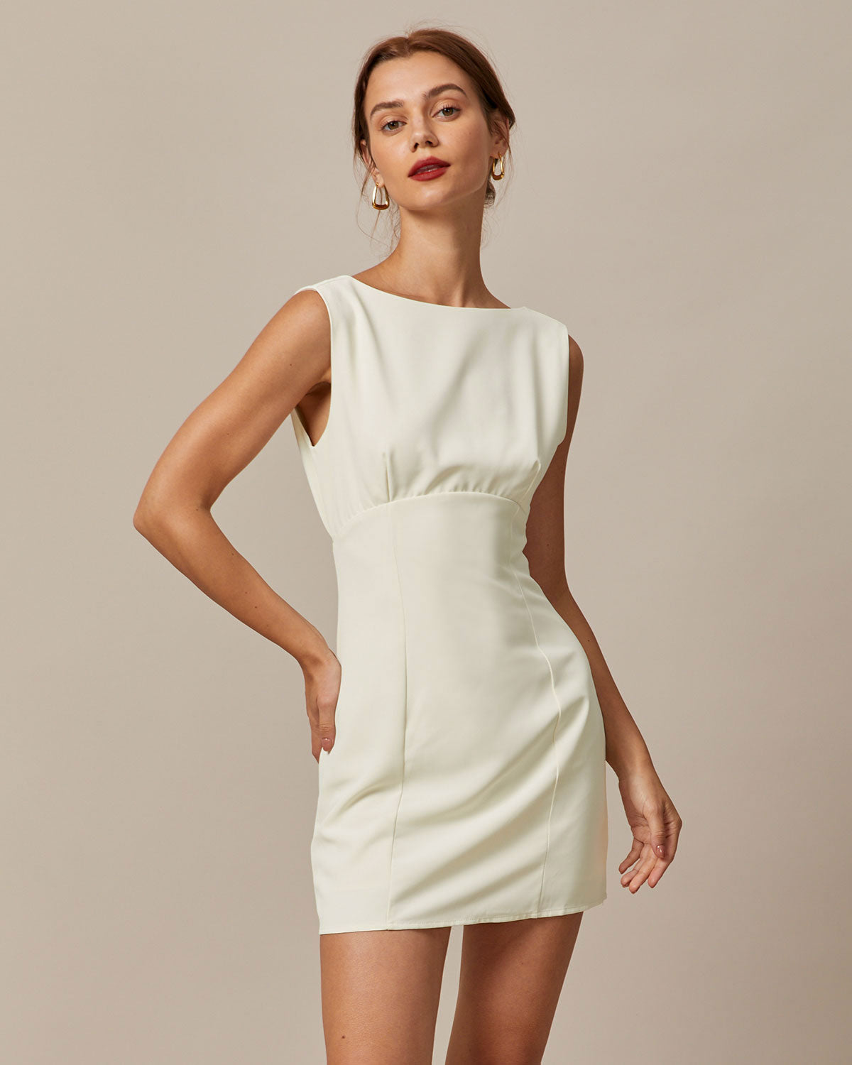 Bej Kayık Yaka Back Bowknot Mini Elbise