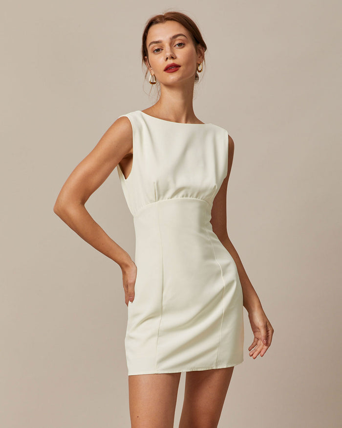 Bej Kayık Yaka Back Bowknot Mini Elbise