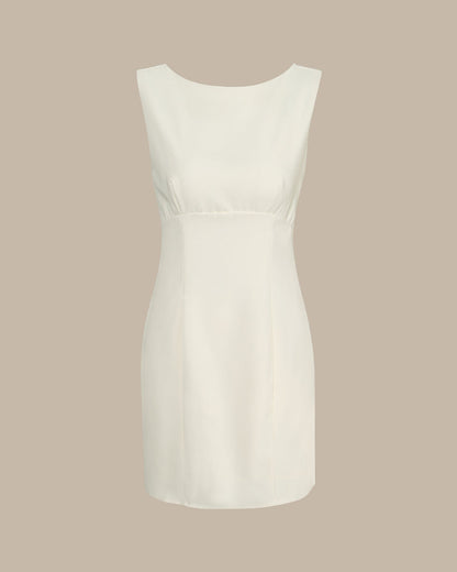 Bej Kayık Yaka Back Bowknot Mini Elbise