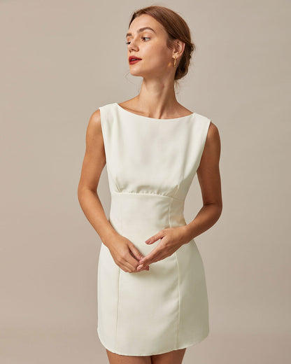 Bej Kayık Yaka Back Bowknot Mini Elbise