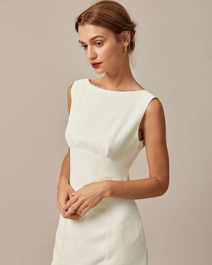 Bej Kayık Yaka Back Bowknot Mini Elbise
