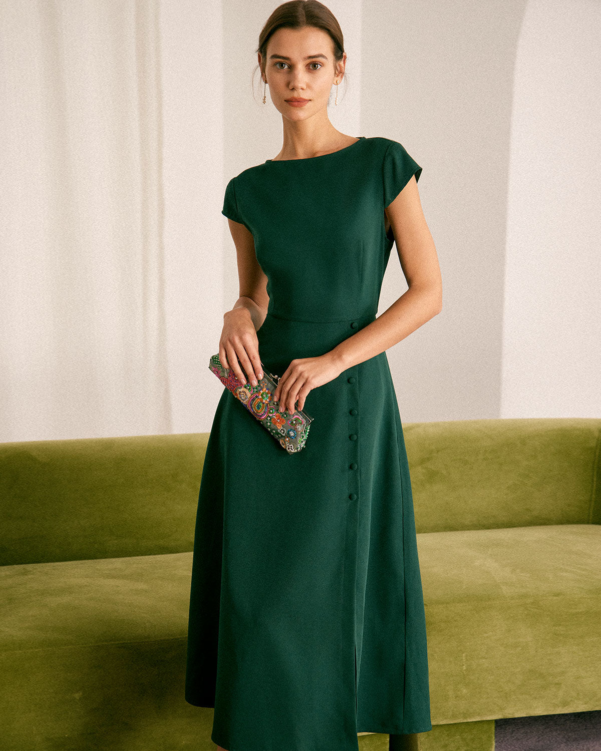 Yeşil Kayık Yaka Cutout Back Midi Elbise
