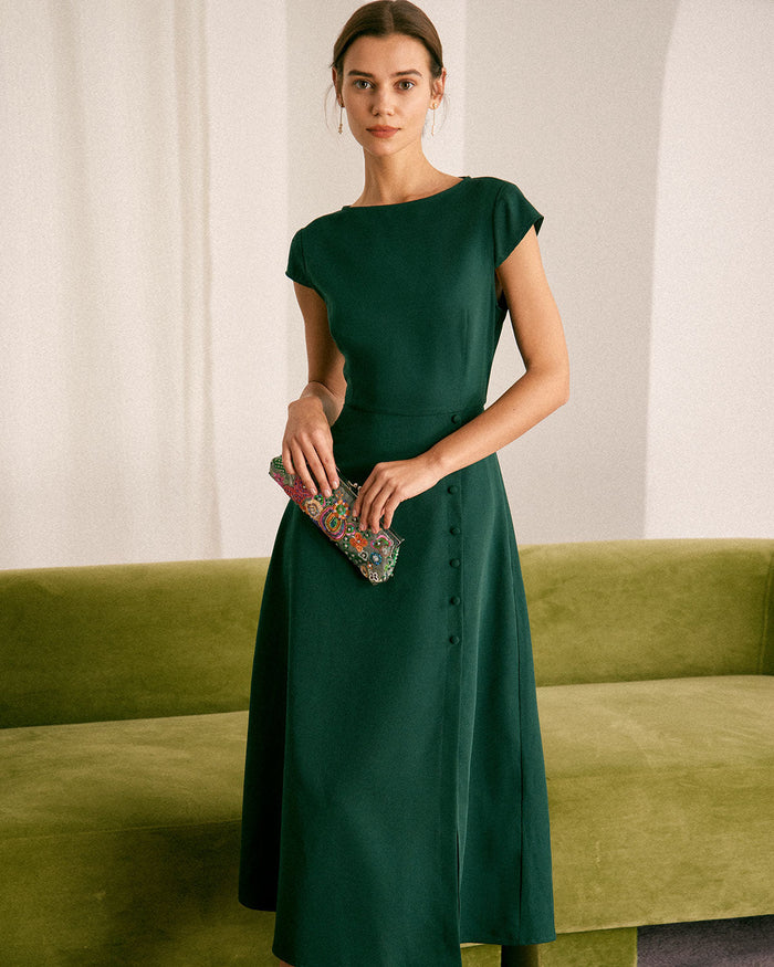 Yeşil Kayık Yaka Cutout Back Midi Elbise