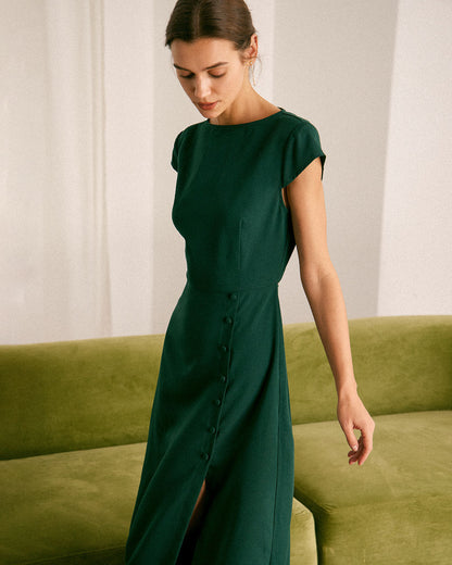 Yeşil Kayık Yaka Cutout Back Midi Elbise