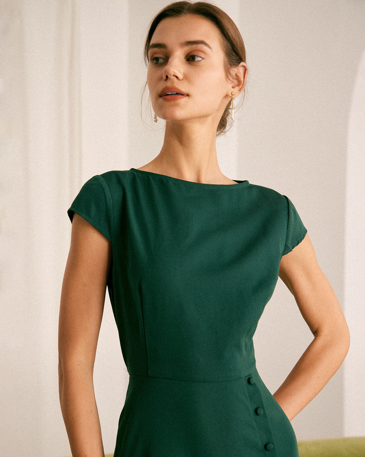 Yeşil Kayık Yaka Cutout Back Midi Elbise