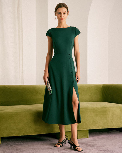 Yeşil Kayık Yaka Cutout Back Midi Elbise