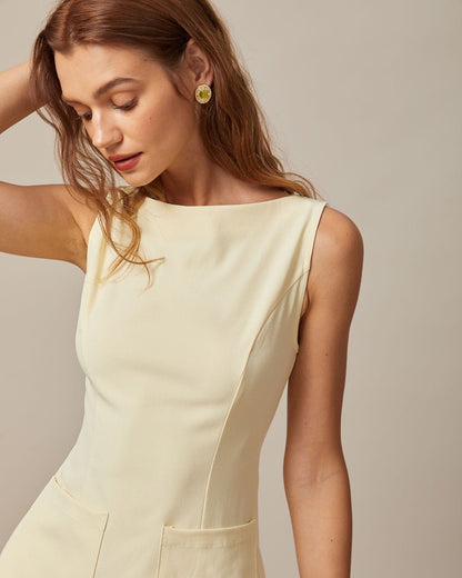 Sarı Kayık Yaka Cutout Mini Elbise