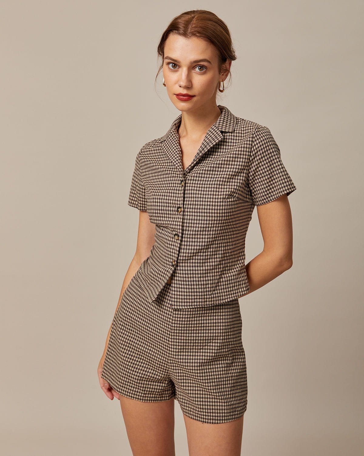 Kahverengi Lapel Gingham Kısa Sleeve Bluz