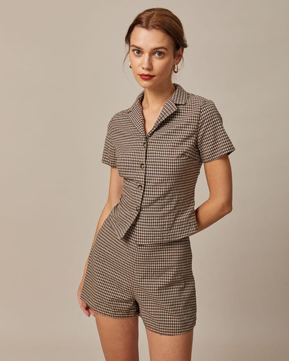 Kahverengi Lapel Gingham Kısa Sleeve Bluz