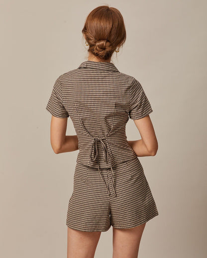 Kahverengi Lapel Gingham Kısa Sleeve Bluz