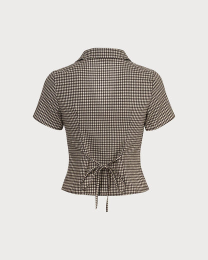 Kahverengi Lapel Gingham Kısa Sleeve Bluz