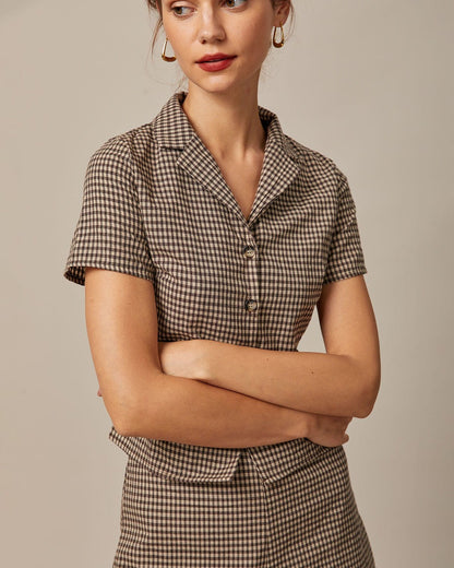 Kahverengi Lapel Gingham Kısa Sleeve Bluz