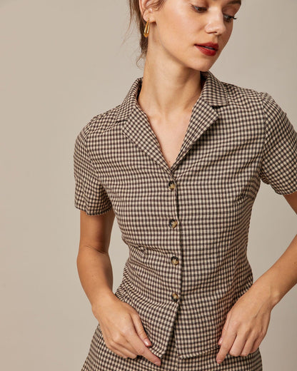 Kahverengi Lapel Gingham Kısa Sleeve Bluz