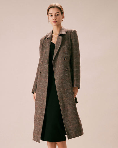 Kahve Lapel Belted Kruvaze Kaban
