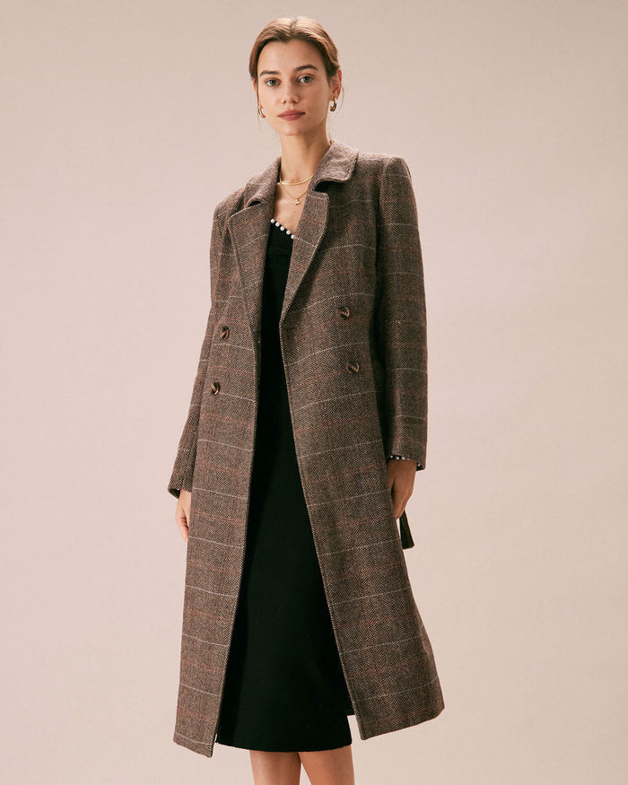 Kahve Lapel Belted Kruvaze Kaban