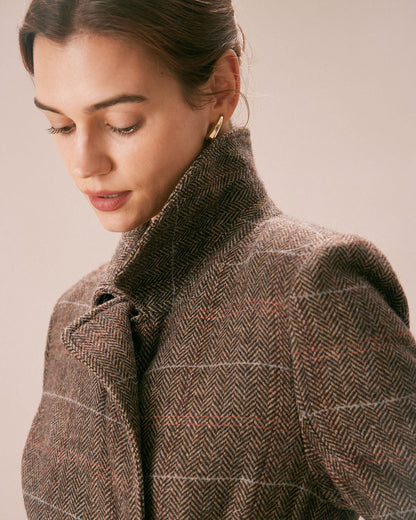 Kahve Lapel Belted Kruvaze Kaban