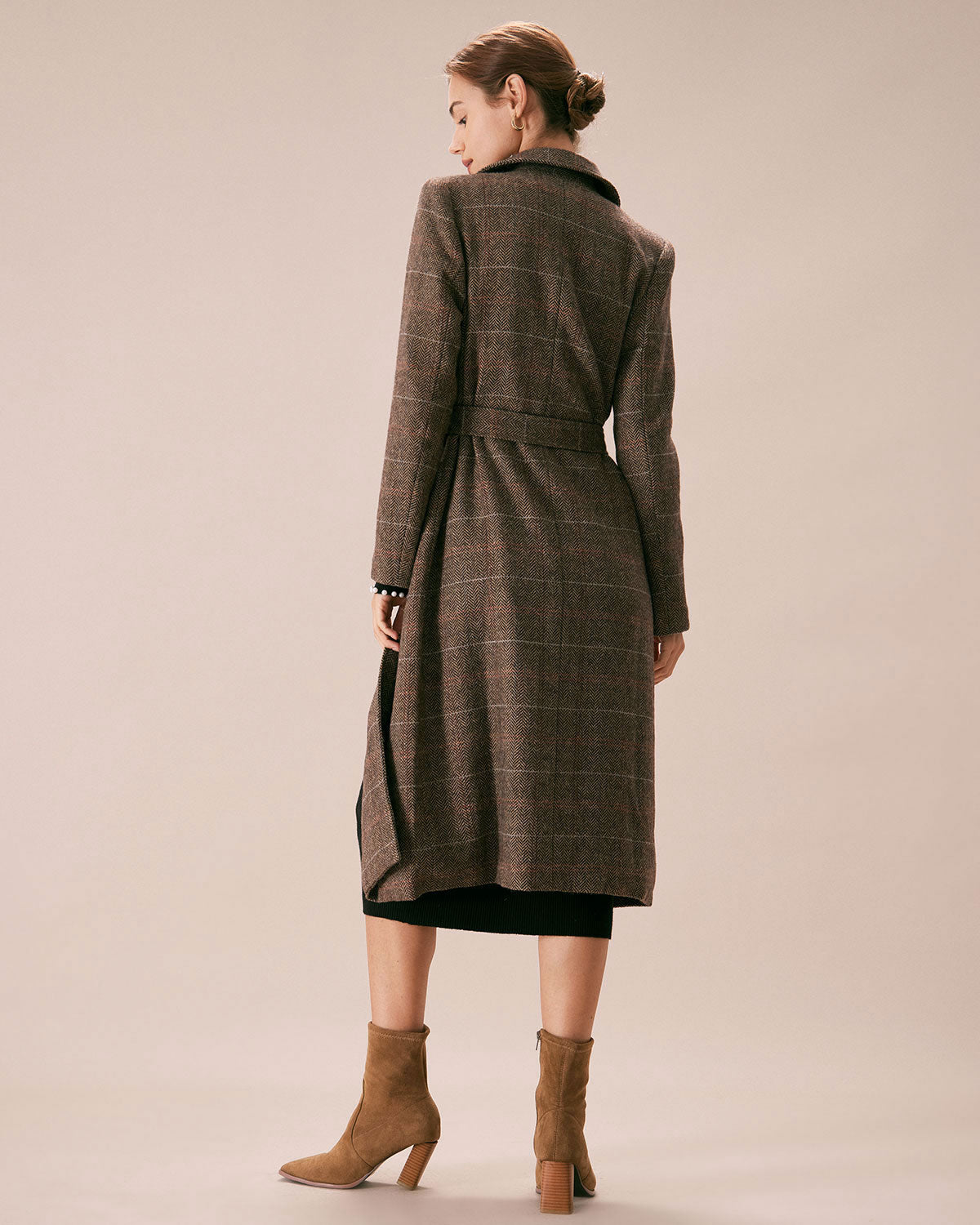 Kahve Lapel Belted Kruvaze Kaban