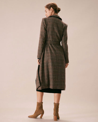 Kahve Lapel Belted Kruvaze Kaban