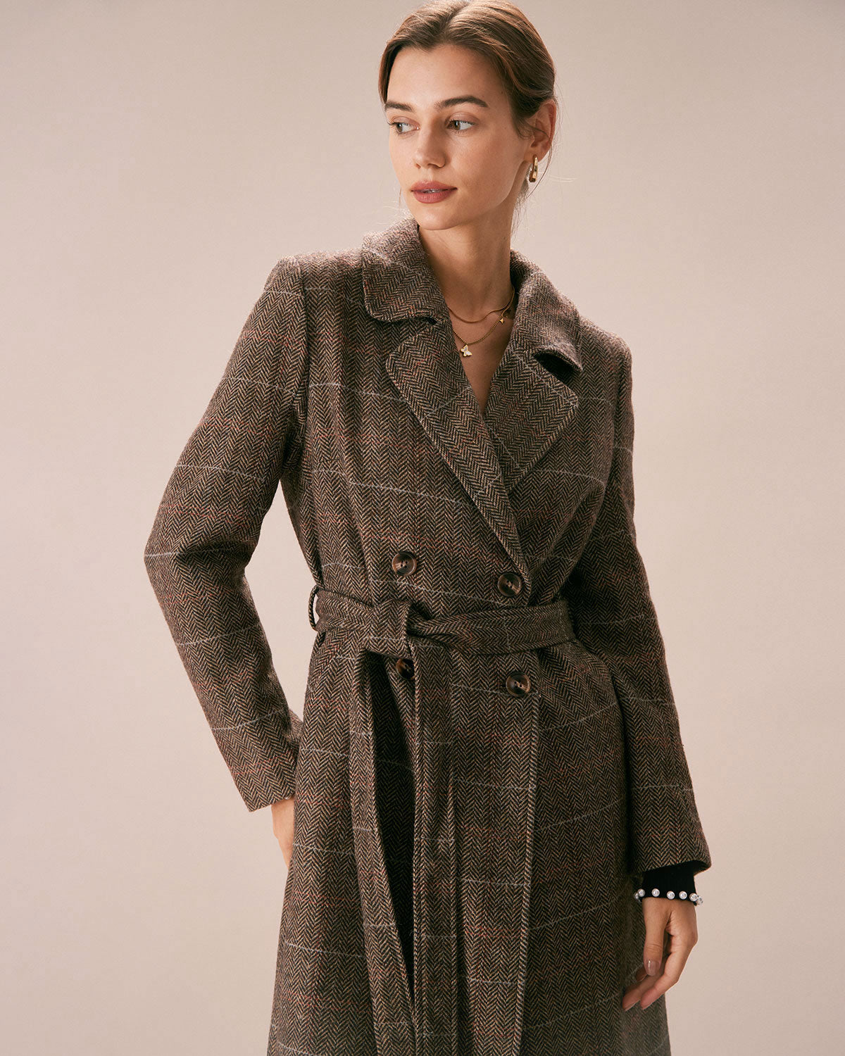 Kahve Lapel Belted Kruvaze Kaban