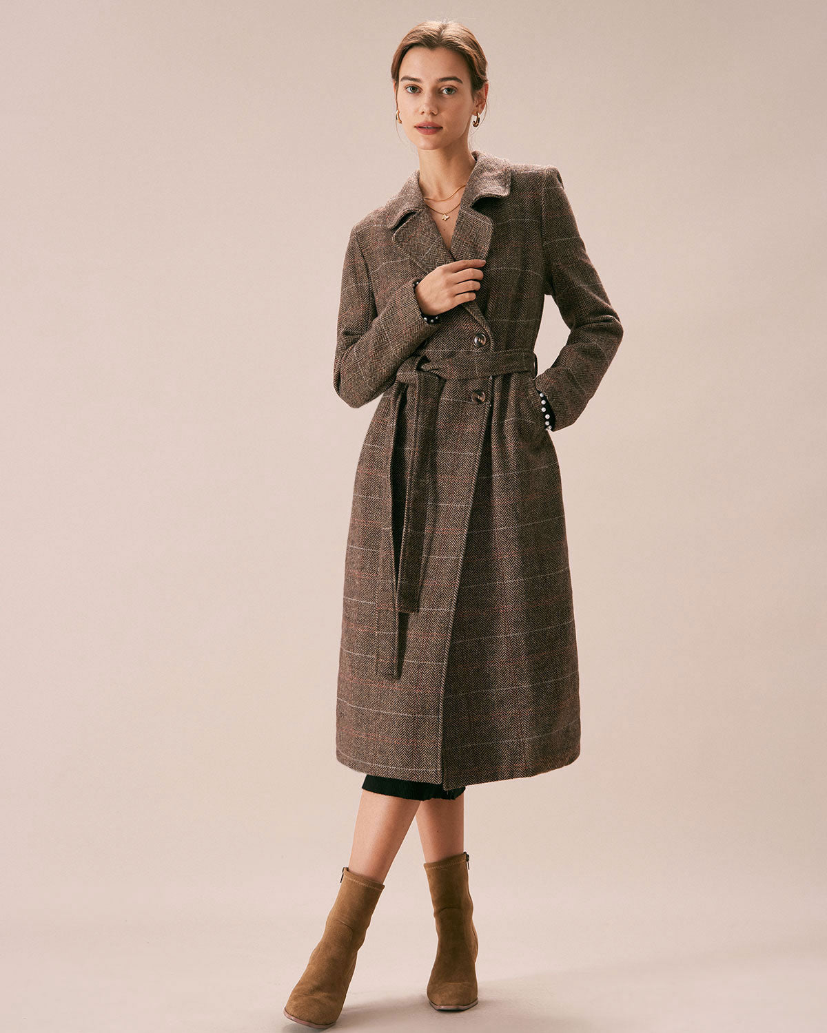 Kahve Lapel Belted Kruvaze Kaban
