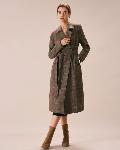 Kahve Lapel Belted Kruvaze Kaban